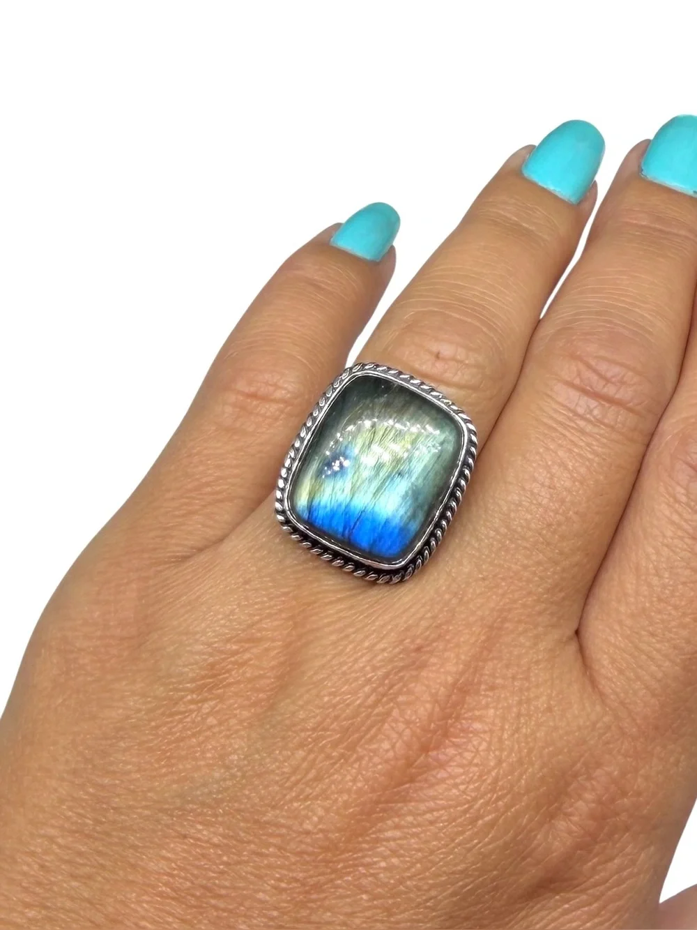 Labradorite Ring Size 7.5 925 Sterling Silver Overlay